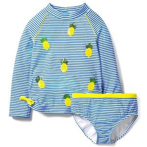 🍍HP!🍍Mini Boden Girl's Blue Oasis & Ivory Pineapples Surf Rash Guard Set